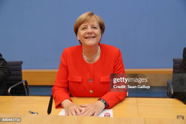 German Chancellor Angela Merkel arrives to speak to the media at her annual press conference at Bundespressekonferenz on August 29, 2017 in Berlin,...