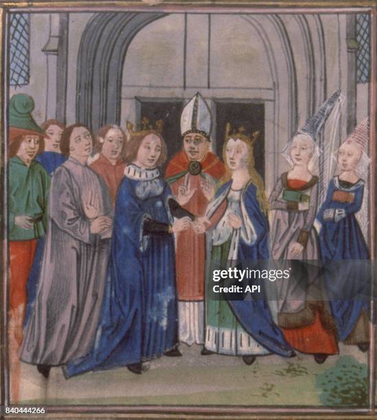 Miniature médiévale du mariage du roi Arthur et de la reine Guenièvre.