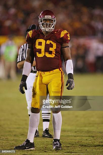 Everson Griffen of the USC Trojans looks on against the California Bears on November 8, 2008 at the Los Angeles Memorial Coliseum in Los Angeles,...