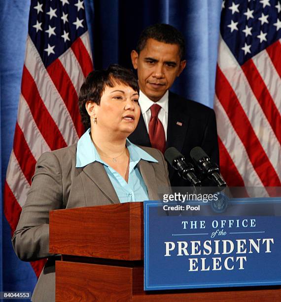President-elect Barack Obama looks on as his choice to run the EPA, the current chief of staff for New Jersey's governor, Lisa Jackson speaks after...