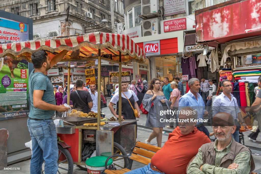 Street scene in crowded Sultanhamam Square at Eminonu, Istanbul Turkey