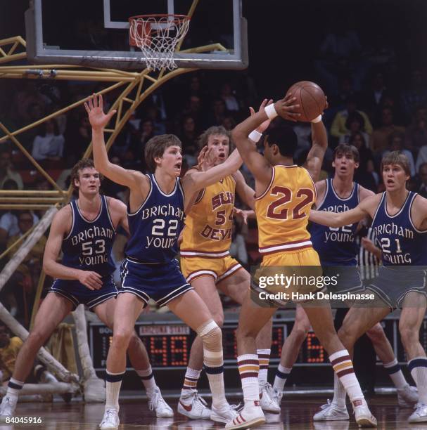 College Basketball: Brigham Young Danny Ainge in action, playing defense vs Arizona State, 2/19/1978