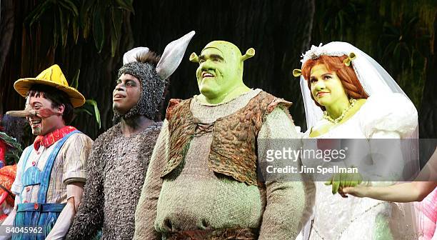 Actors Daniel Breaker, Brian d' Arcy James and Sutton Foster attend the opening night of "Shrek The Musical" on Broadway at the Broadway Theatre on...