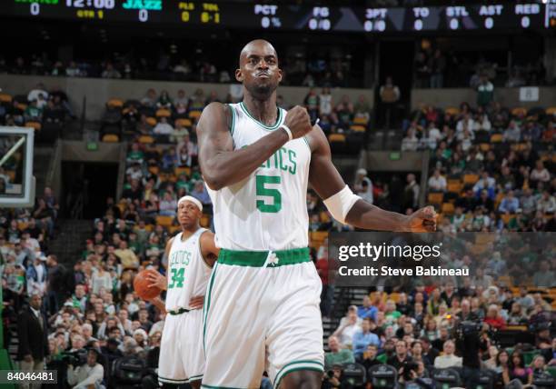 Kevin Garnett of the Boston Celtics reacts after a play in a game against the Utah Jazz on December 15, 2008 at the TD Banknorth Garden in Boston,...