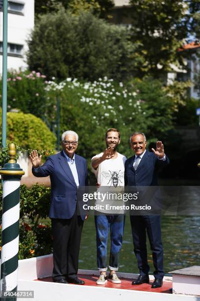 Director Alberto Barbera, Alessandro Borghi and president Paolo Baratta arrived at Darsena Excelsior during the 74th Venice Film Festival on August...
