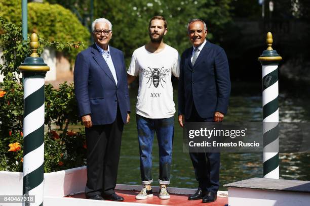 Director Alberto Barbera, Alessandro Borghi and president Paolo Baratta arrived at Darsena Excelsior during the 74th Venice Film Festival on August...