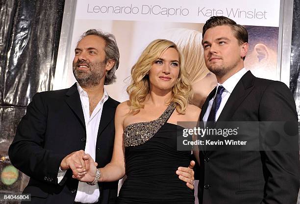 Director Sam Mendes, actress Kate Winslet, and actor Leonardo DiCaprio arrive at Paramount Vantage's Los Angeles premiere of "Revolutionary Road"...