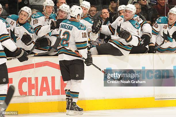 Patrick Marleau of the San Jose Sharks celebrate a second period goal against the Los Angeles Kings during the game on December 15, 2008 at Staples...