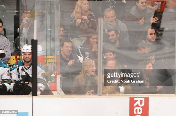 The cast from the television show "Chuck" attend the NHL game between the San Jose Sharks and the Los Angeles Kings during the game on December 15,...