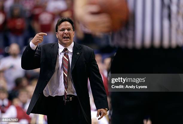 Head coach Tom Crean of the Indiana Hoosiers pleads his case to a referee against the Gonzaga Bulldogs during the Hartford Hall of Fame Showcase on...