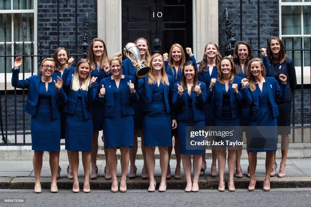 British Women's Rugby And Cricket Teams Meet Theresa May At Downing Street