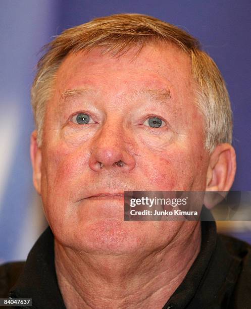 Sir Alex Ferguson of Manchester United attends the Manchester United Team Arrival Press Conference at Pacifico Yokohama on December 16, 2008 in...