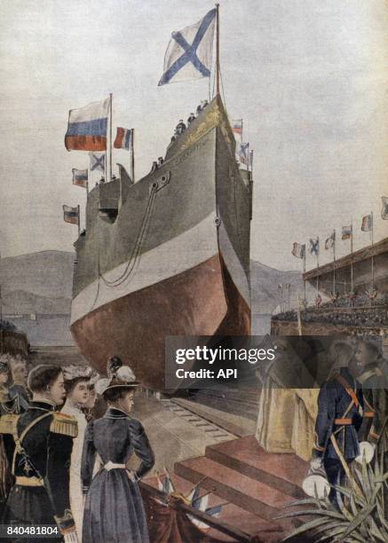 Baptême du cuirassé Tsarevitch de la marine russe dans le port de Toulon, en février 1901, France.