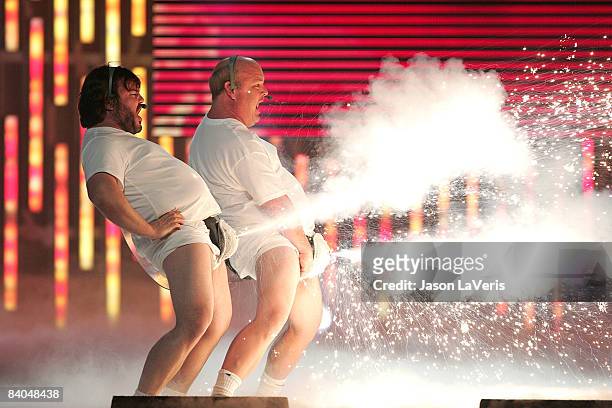 Host Jack Black and Kyle Gass of musical group 'Tenacious D' perform on stage at Spike TV's 2008 "Video Game Awards" at Sony Picture Studios on...