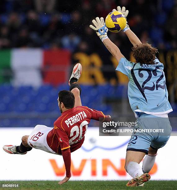 Roma's midfielder Simone Perrotta shoots to score against Cagliari's goalkeeper Frederico Marchetti during their Italian Serie A football match at...