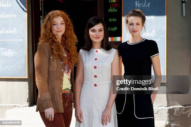 Marleen Lohse, Silvia Busuioc and Natalia Belitski poses during the set visit of the ZDF show 'Bella Germania' on August 29, 2017 in Munich, Germany.