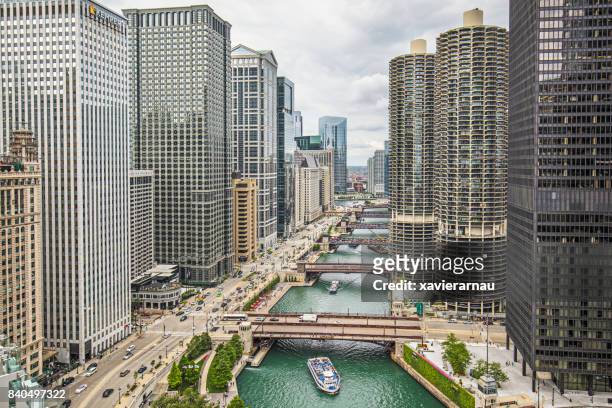 aerial view of downtown chicago river - illinois aerial stock pictures, royalty-free photos & images