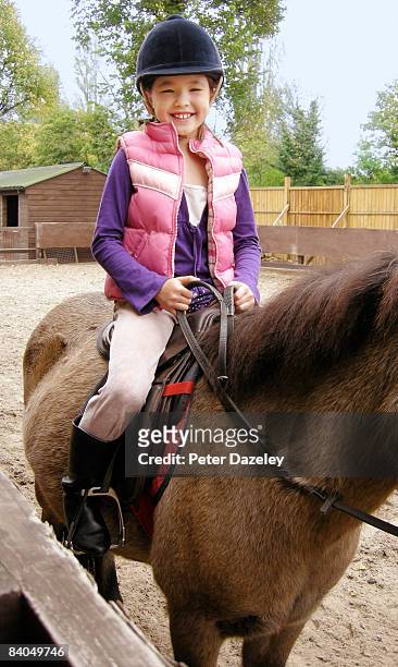 young girl on horseback - equestrian helmet stock-fotos und bilder