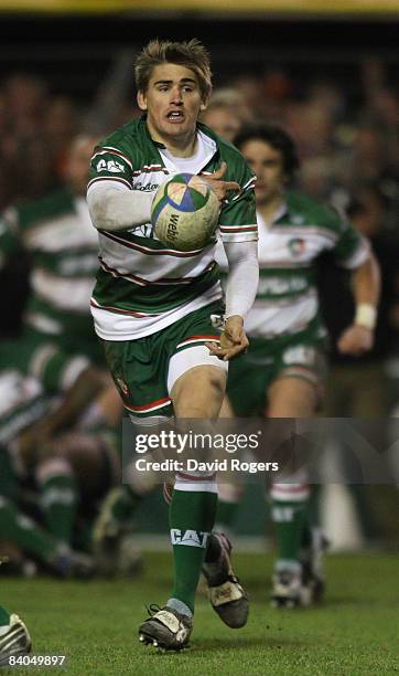 Toby Flood of Leicester passes the ball during the Heineken Cup match between Perpignan and Leicester Tigers at Stade Aime Giral on December 14, 2004...