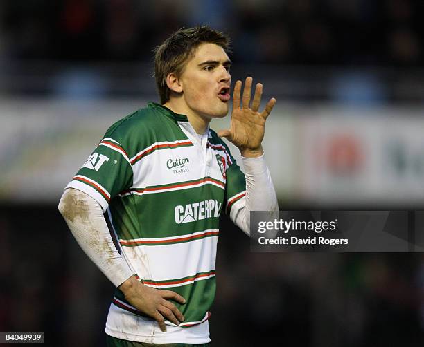 Toby Flood of Leicester shouts instructions during the Heineken Cup match between Perpignan and Leicester Tigers at Stade Aime Giral on December 14,...