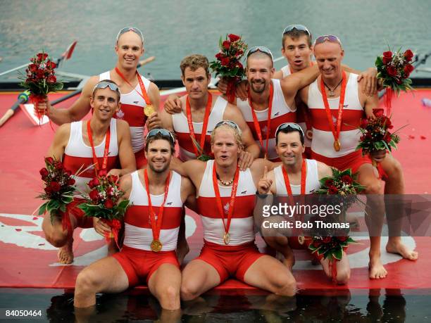 The Canada team pose after winning the gold medal in the Men's Eight Final at the Shunyi Olympic Rowing-Canoeing Park during Day 9 of the Beijing...