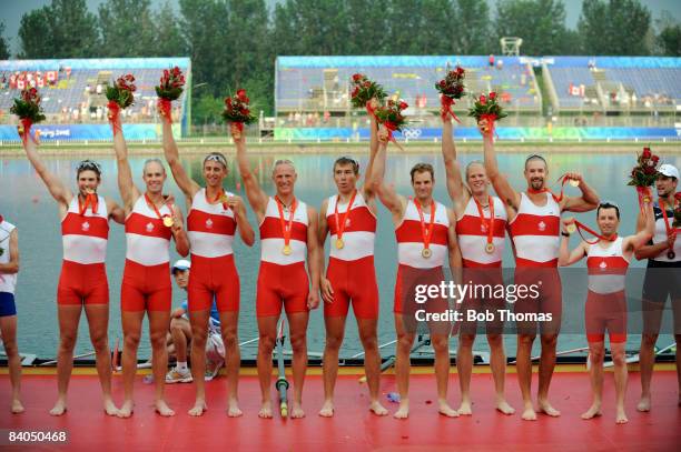 The Canada team pose after winning the gold medal in the Men's Eight Final at the Shunyi Olympic Rowing-Canoeing Park during Day 9 of the Beijing...