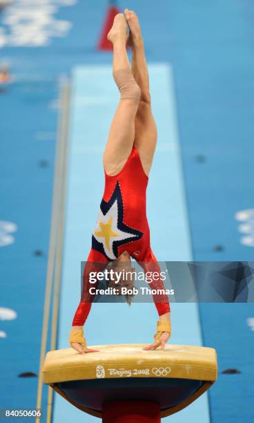 Bridget Sloan of the USA on the vault during qualification for the women's artistic gymnastics event held at the National Indoor Stadium during Day 2...