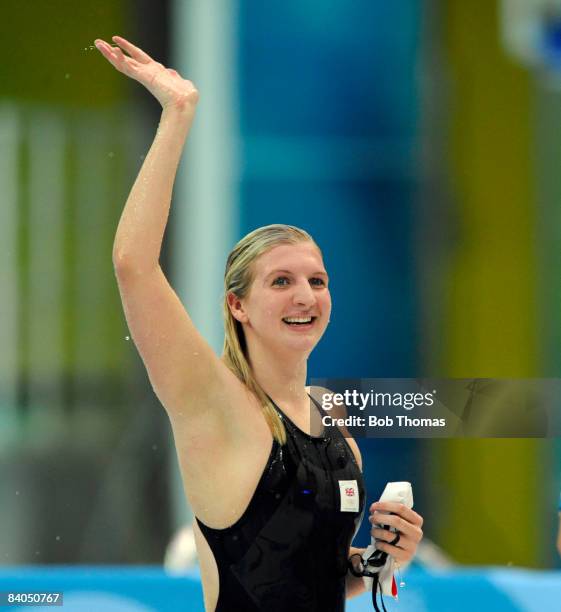 Rebecca Adlington of Great Britain celebrates victory in the Women's 800m Freestyle Final held at the National Aquatics Centre during Day 8 of the...