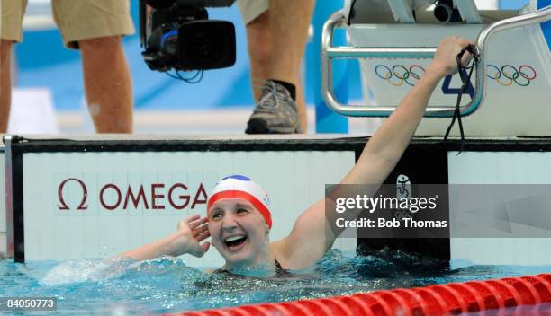 Rebecca Adlington of Great Britain celebrates victory in the Women's 800m Freestyle Final held at the National Aquatics Centre during Day 8 of the...
