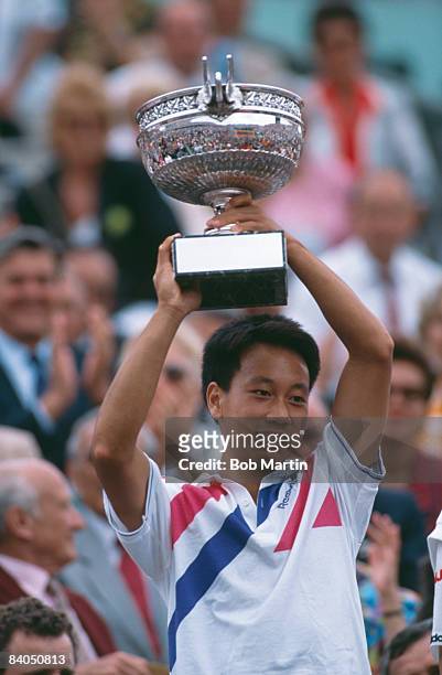 American tennis player Michael Chang at the French Open in Paris, 1989. He won the tournament, becoming the youngest male winner of a Grand Slam...
