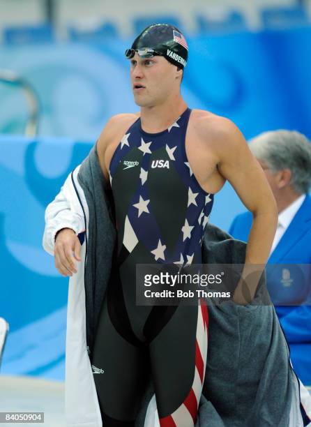 Peter Vanderkaay of the USA prepares for the Men's 200m Freestyle Final held at the National Aquatics Center during Day 4 of the Beijing 2008 Olympic...