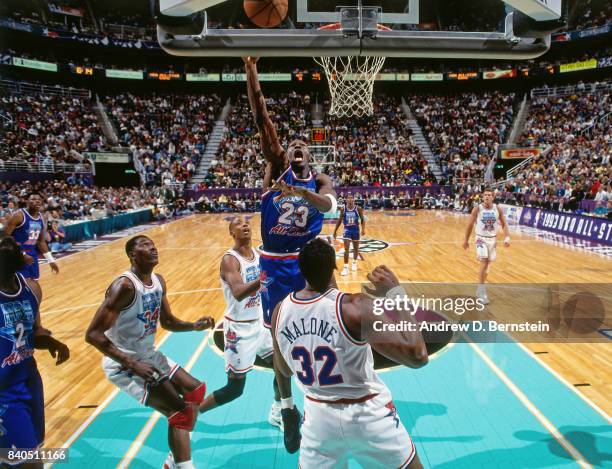 Michael Jordan of the Eastern Conference shoots during the 1993 NBA All-Star Game on February 21, 1993 at the Delta Center in Salt Lake City, Utah....