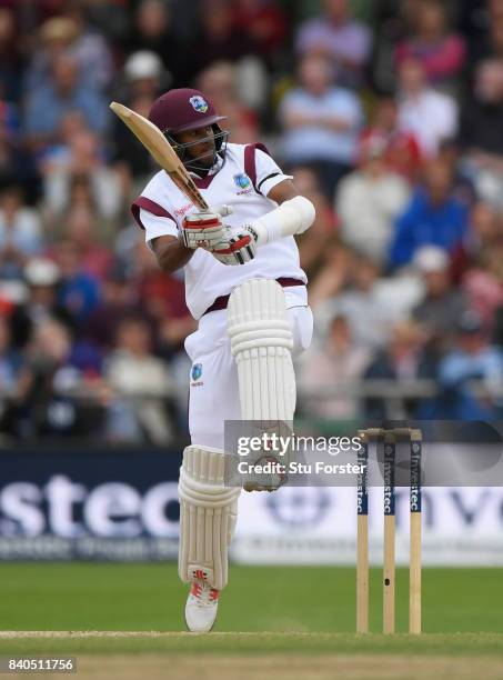 West Indies batsman Kraigg Brathwaite hits out during day five of the 2nd Investec Test Match between England and West Indies at Headingley on August...