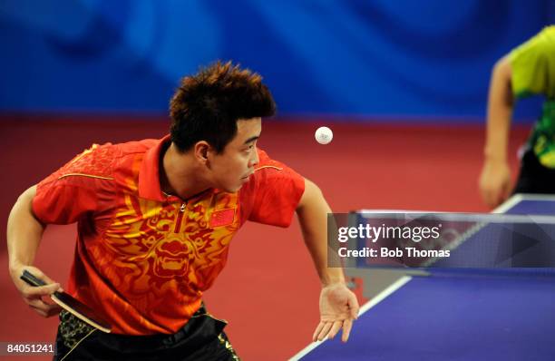 Wang Hao of China plays a shot in the Quarter Final of the Men's Singles Table Tennis event against Ko Lai Chak of Hong Kong China held at the Peking...