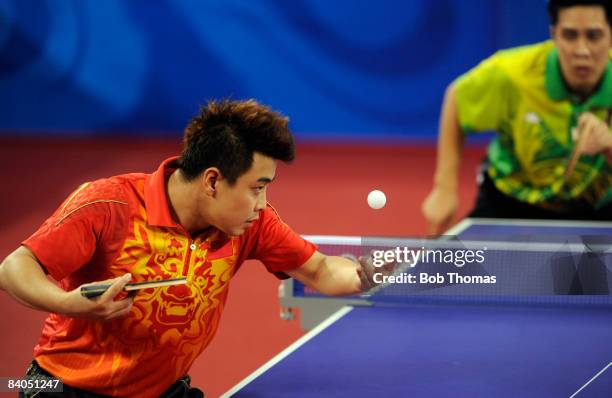 Wang Hao of China plays a shot in the Quarter Final of the Men's Singles Table Tennis event against Ko Lai Chak of Hong Kong China held at the Peking...