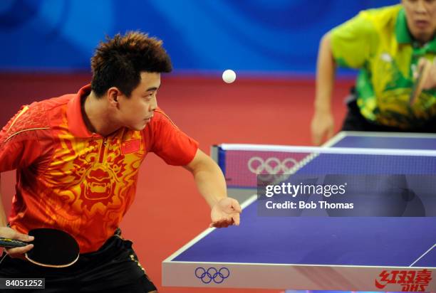 Wang Hao of China plays a shot in the Quarter Final of the Men's Singles Table Tennis event against Ko Lai Chak of Hong Kong China held at the Peking...