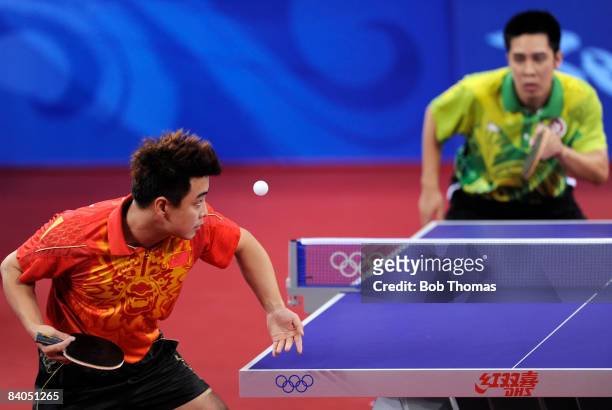Wang Hao of China plays a shot in the Quarter Final of the Men's Singles Table Tennis event against Ko Lai Chak of Hong Kong China held at the Peking...