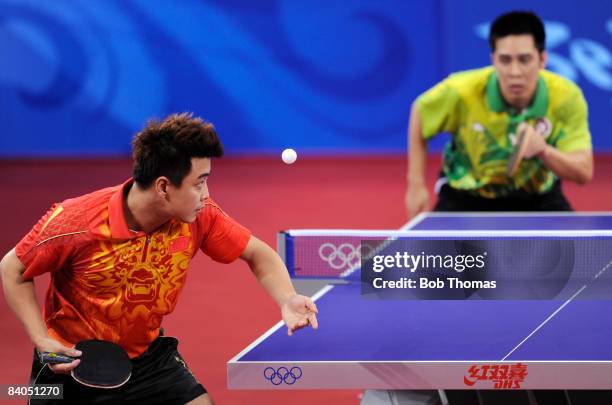 Wang Hao of China plays a shot in the Quarter Final of the Men's Singles Table Tennis event against Ko Lai Chak of Hong Kong China held at the Peking...