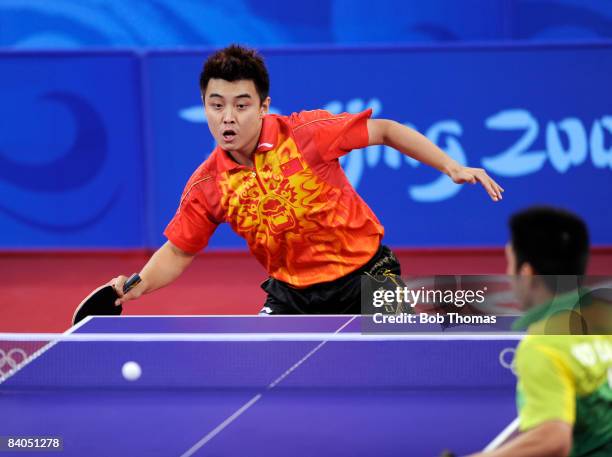 Wang Hao of China plays a shot in the Quarter Final of the Men's Singles Table Tennis event against Ko Lai Chak of Hong Kong China held at the Peking...