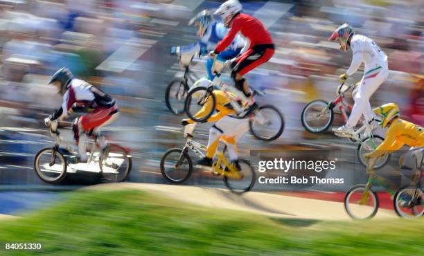 Racers compete in the Women's BMX semifinals held at the Laoshan Bicycle Moto Cross Venue during Day 14 of the Beijing 2008 Olympic Games on August...