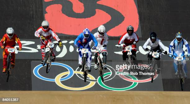 Racers compete in the Women's BMX semifinals held at the Laoshan Bicycle Moto Cross Venue during Day 14 of the Beijing 2008 Olympic Games on August...