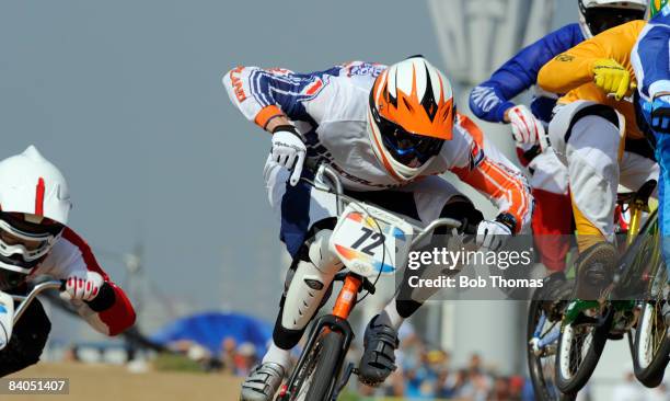 Rob van den Wildenberg of the Netherlands competes in the Men's BMX semifinals held at the Laoshan Bicycle Moto Cross Venue during Day 14 of the...