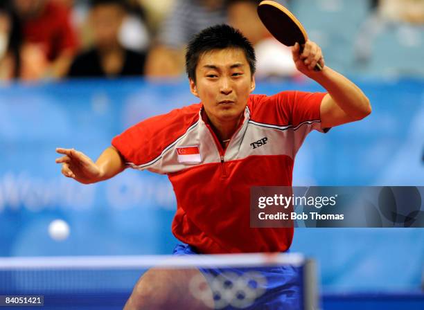 Zi Yang of Singapore playing against Chih-Yuan Chuan of Taipei during their men's table tennis single preliminary match during Day 12 of the Beijing...