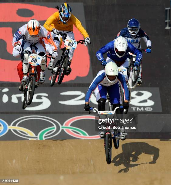 Shanaze Reade of Great Britain competes in the Women's BMX semifinals held at the Laoshan Bicycle Moto Cross Venue during Day 14 of the Beijing 2008...