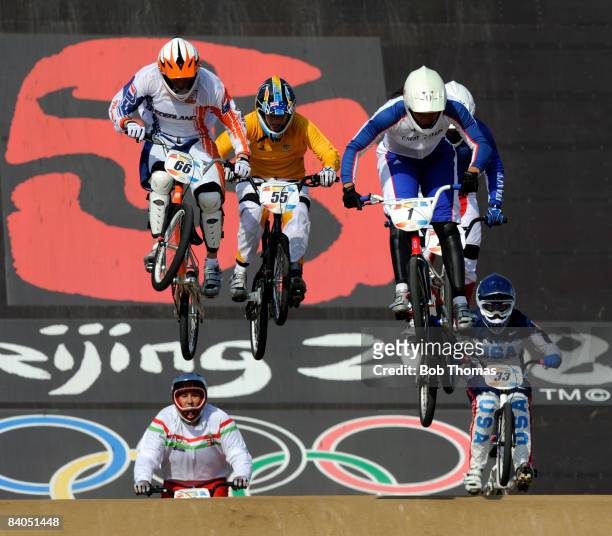 Shanaze Reade of Great Britain competes in the Women's BMX semifinals held at the Laoshan Bicycle Moto Cross Venue during Day 14 of the Beijing 2008...
