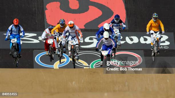 Racers compete in the Women's BMX semifinals held at the Laoshan Bicycle Moto Cross Venue during Day 14 of the Beijing 2008 Olympic Games on August...