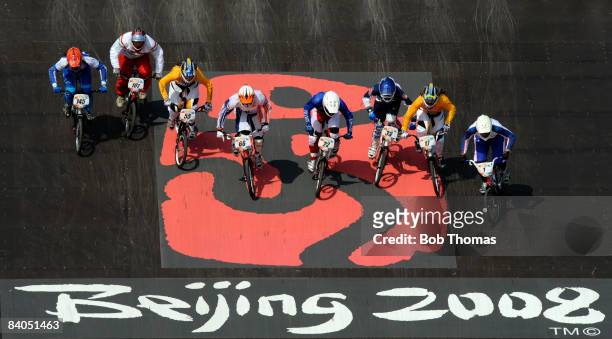 Racers compete in the Women's BMX semifinals held at the Laoshan Bicycle Moto Cross Venue during Day 14 of the Beijing 2008 Olympic Games on August...