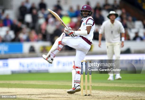 Kraigg Brathwaite of the West Indies bats during day five of the 2nd Investec Test between England and the West Indies at Headingley on August 29,...