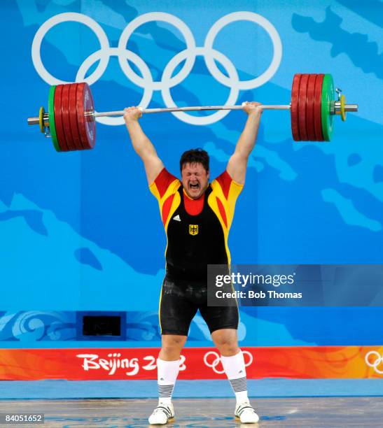 Matthias Steiner of Germany during the Men's 105 kg group weightlifting event at the Beijing University of Aeronautics & Astronautics Gymnasium on...