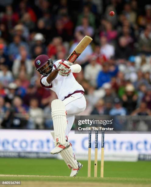 West Indies batsman Kraigg Brathwaite hits out during day five of the 2nd Investec Test Match between England and West Indies at Headingley on August...